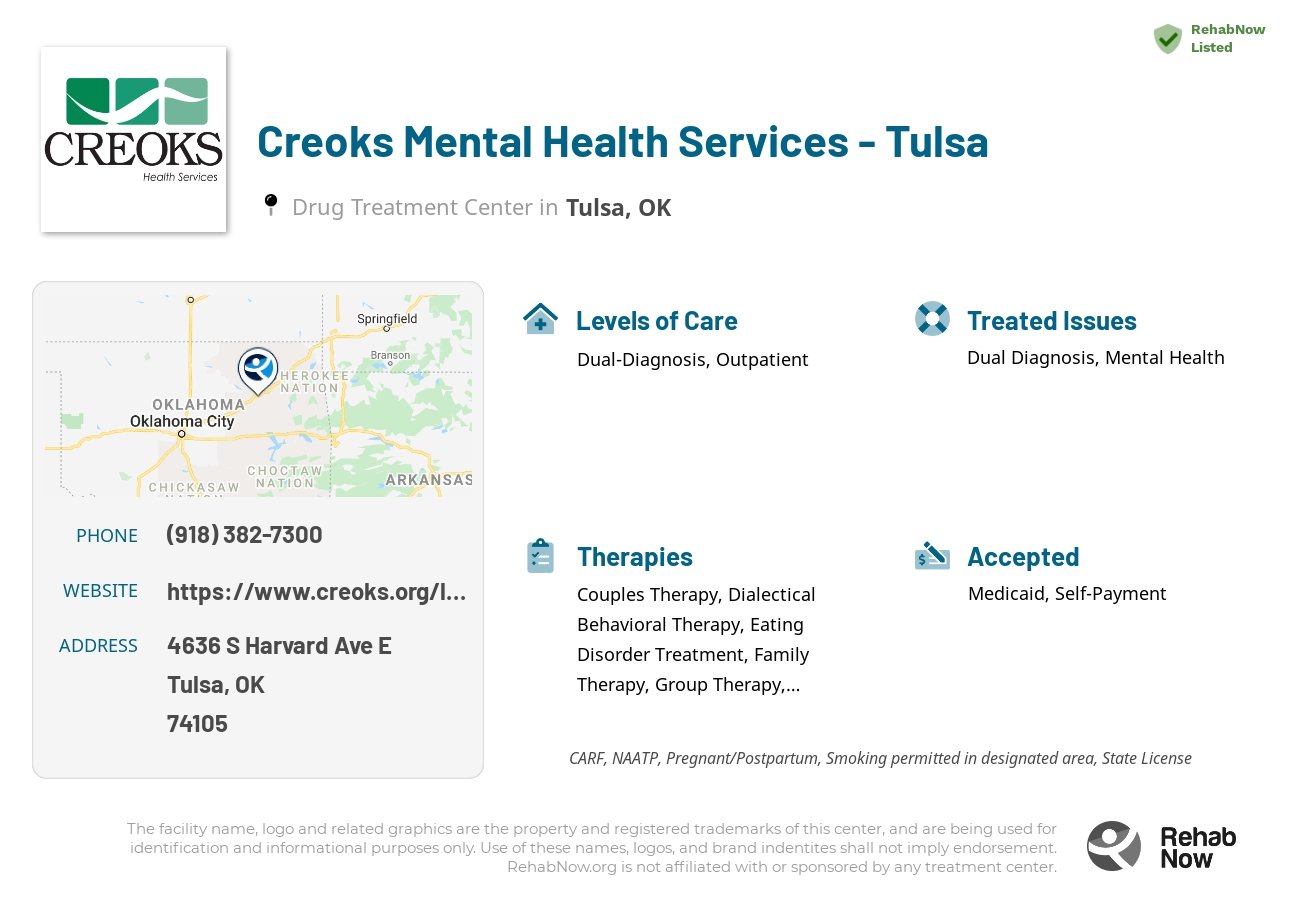 Helpful reference information for Creoks Mental Health Services - Tulsa, a drug treatment center in Oklahoma located at: 4636 S Harvard Ave E, Tulsa, OK 74105, including phone numbers, official website, and more. Listed briefly is an overview of Levels of Care, Therapies Offered, Issues Treated, and accepted forms of Payment Methods.