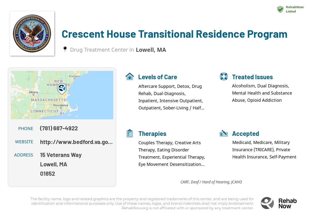 Helpful reference information for Crescent House Transitional Residence Program, a drug treatment center in Massachusetts located at: 15 Veterans Way, Lowell, MA, 01852, including phone numbers, official website, and more. Listed briefly is an overview of Levels of Care, Therapies Offered, Issues Treated, and accepted forms of Payment Methods.