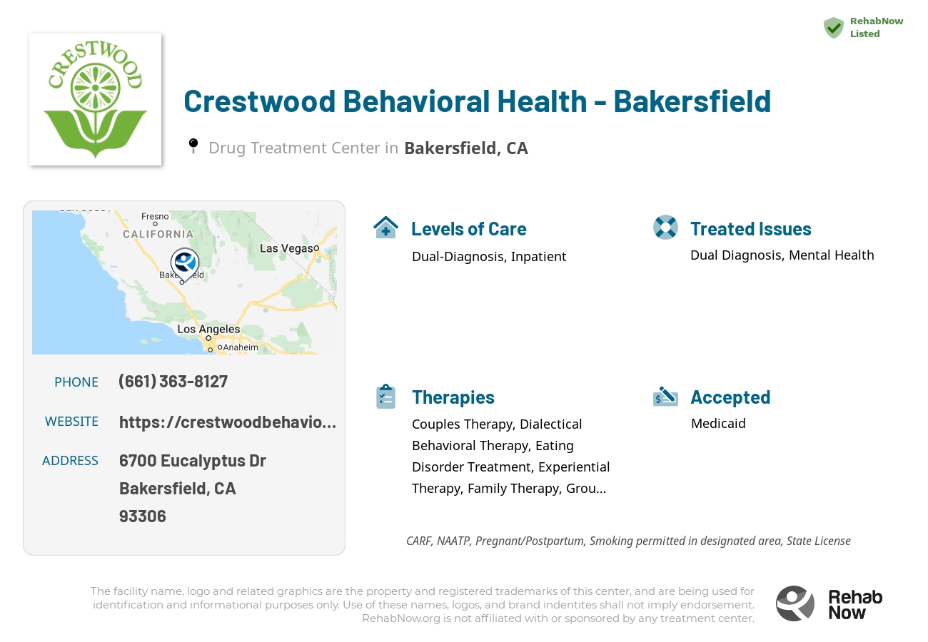 Helpful reference information for Crestwood Behavioral Health - Bakersfield, a drug treatment center in California located at: 6700 Eucalyptus Dr, Bakersfield, CA 93306, including phone numbers, official website, and more. Listed briefly is an overview of Levels of Care, Therapies Offered, Issues Treated, and accepted forms of Payment Methods.