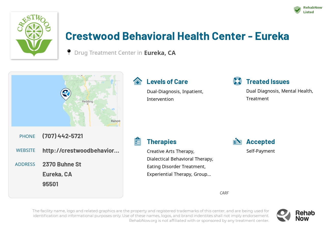 Helpful reference information for Crestwood Behavioral Health Center - Eureka, a drug treatment center in California located at: 2370 Buhne St, Eureka, CA 95501, including phone numbers, official website, and more. Listed briefly is an overview of Levels of Care, Therapies Offered, Issues Treated, and accepted forms of Payment Methods.