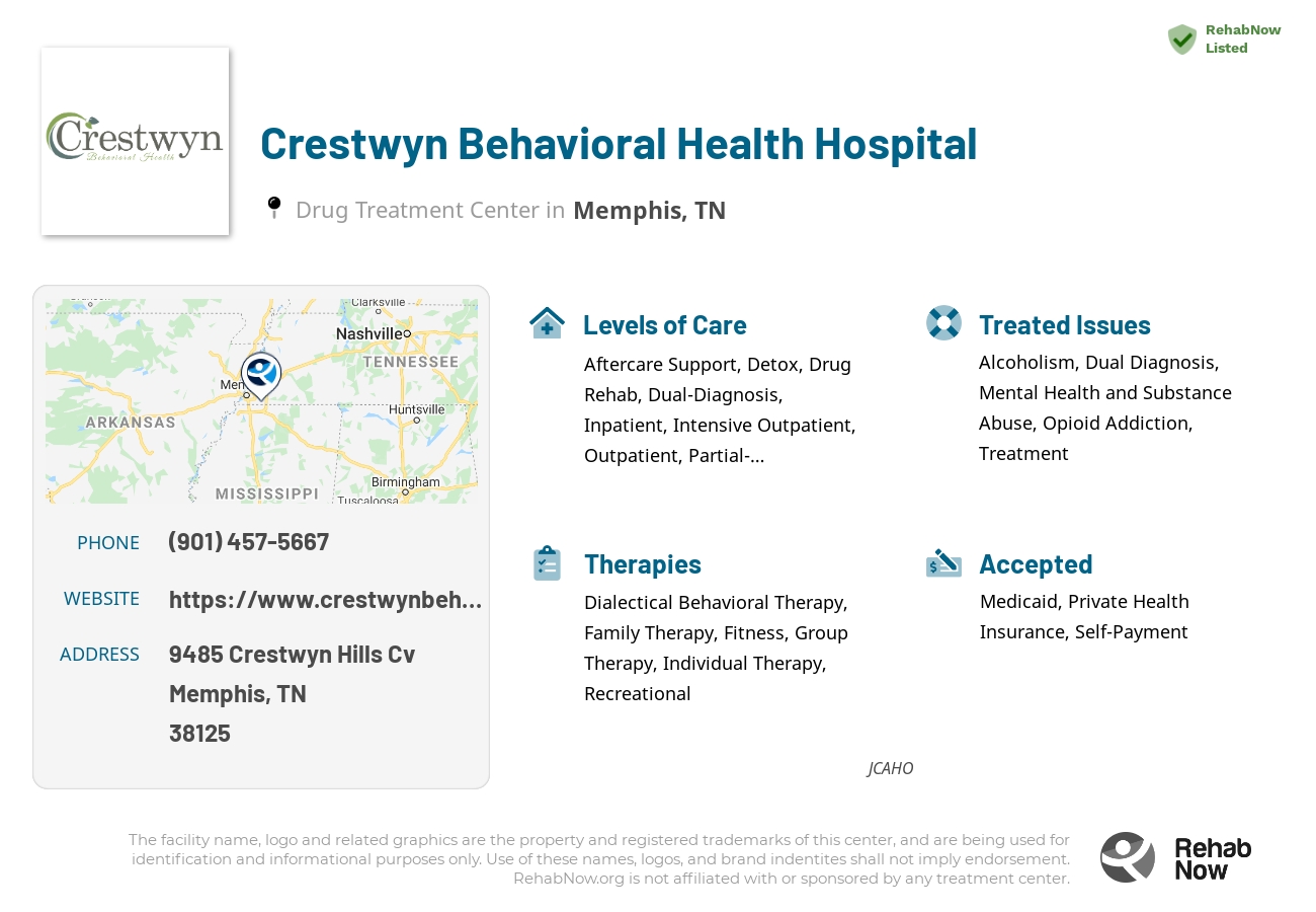 Helpful reference information for Crestwyn Behavioral Health Hospital, a drug treatment center in Tennessee located at: 9485 Crestwyn Hills Cv, Memphis, TN 38125, including phone numbers, official website, and more. Listed briefly is an overview of Levels of Care, Therapies Offered, Issues Treated, and accepted forms of Payment Methods.