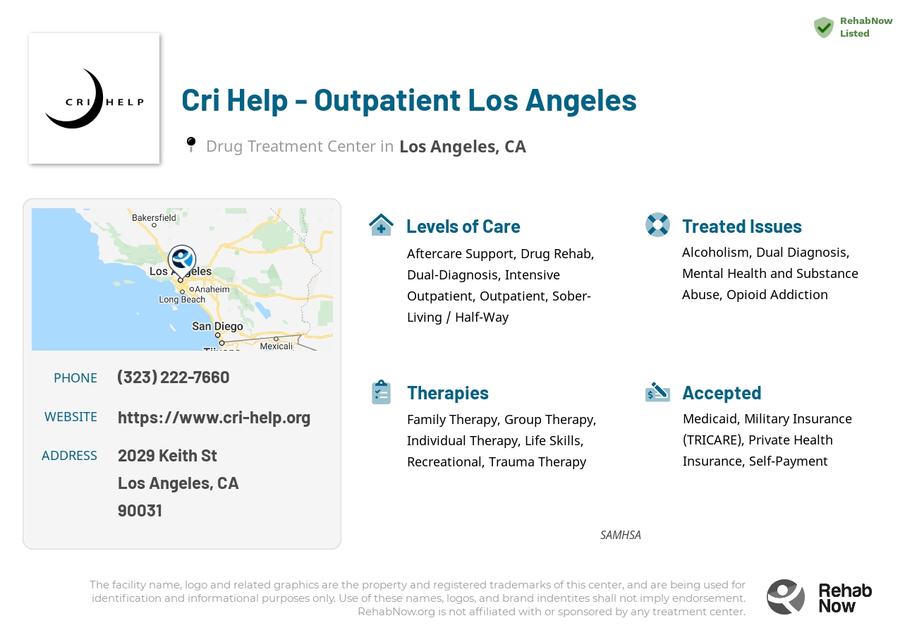 Helpful reference information for Cri Help - Outpatient Los Angeles, a drug treatment center in California located at: 2029 Keith St, Los Angeles, CA 90031, including phone numbers, official website, and more. Listed briefly is an overview of Levels of Care, Therapies Offered, Issues Treated, and accepted forms of Payment Methods.