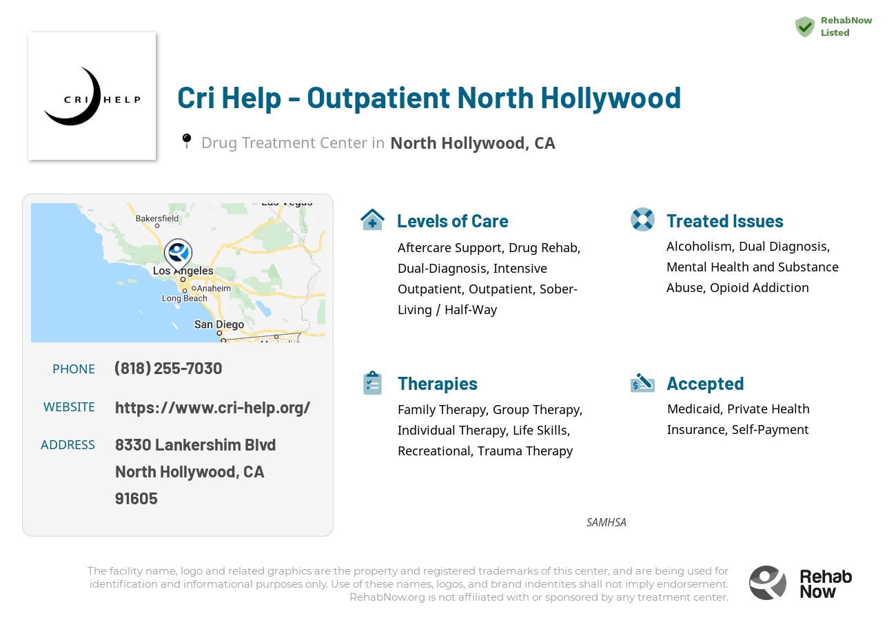 Helpful reference information for Cri Help - Outpatient North Hollywood, a drug treatment center in California located at: 8330 Lankershim Blvd, North Hollywood, CA 91605, including phone numbers, official website, and more. Listed briefly is an overview of Levels of Care, Therapies Offered, Issues Treated, and accepted forms of Payment Methods.