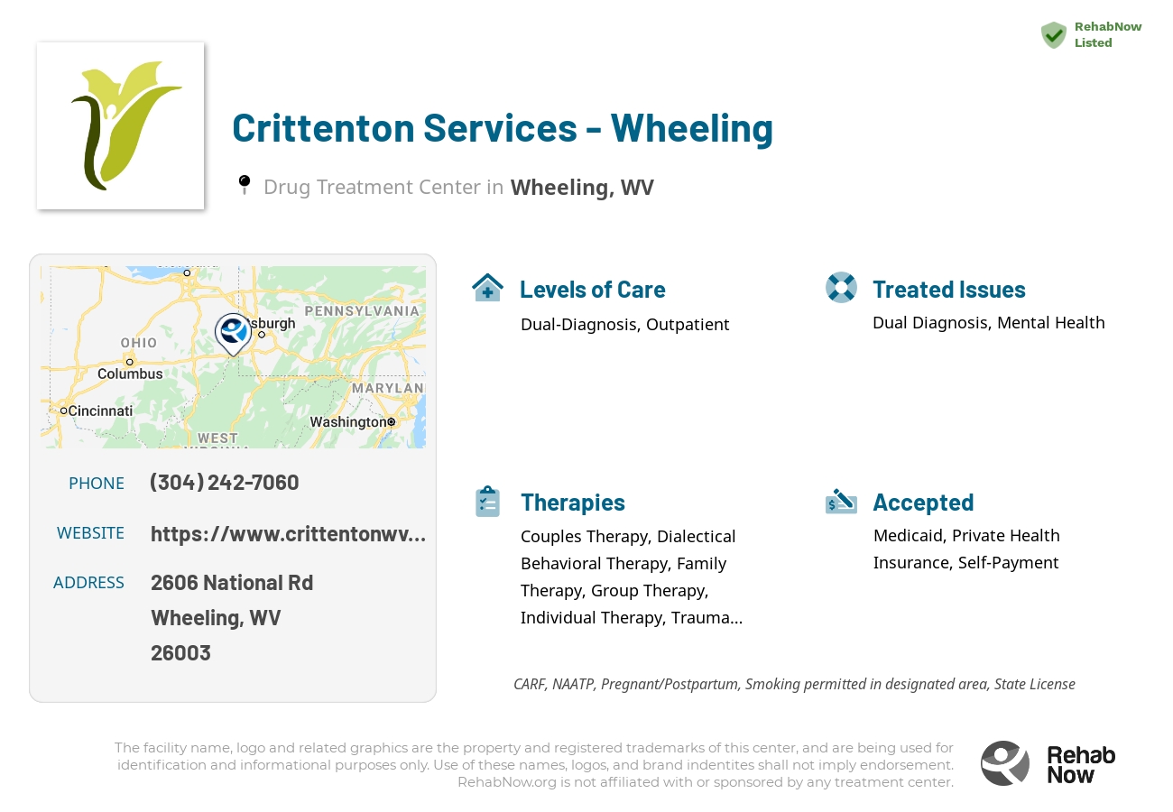 Helpful reference information for Crittenton Services - Wheeling, a drug treatment center in West Virginia located at: 2606 National Rd, Wheeling, WV 26003, including phone numbers, official website, and more. Listed briefly is an overview of Levels of Care, Therapies Offered, Issues Treated, and accepted forms of Payment Methods.