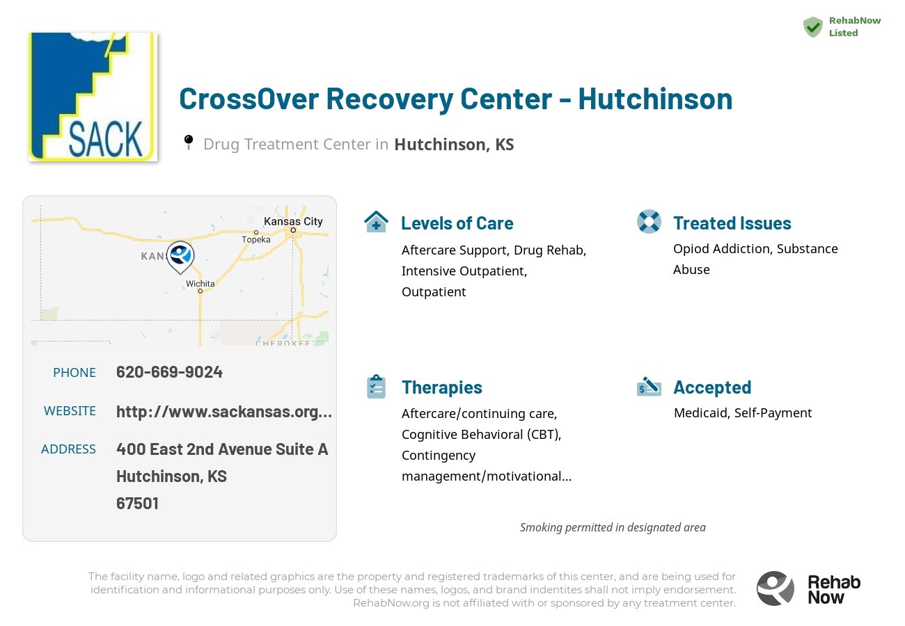 Helpful reference information for CrossOver Recovery Center - Hutchinson, a drug treatment center in Kansas located at: 400 East 2nd Avenue Suite A, Hutchinson, KS 67501, including phone numbers, official website, and more. Listed briefly is an overview of Levels of Care, Therapies Offered, Issues Treated, and accepted forms of Payment Methods.