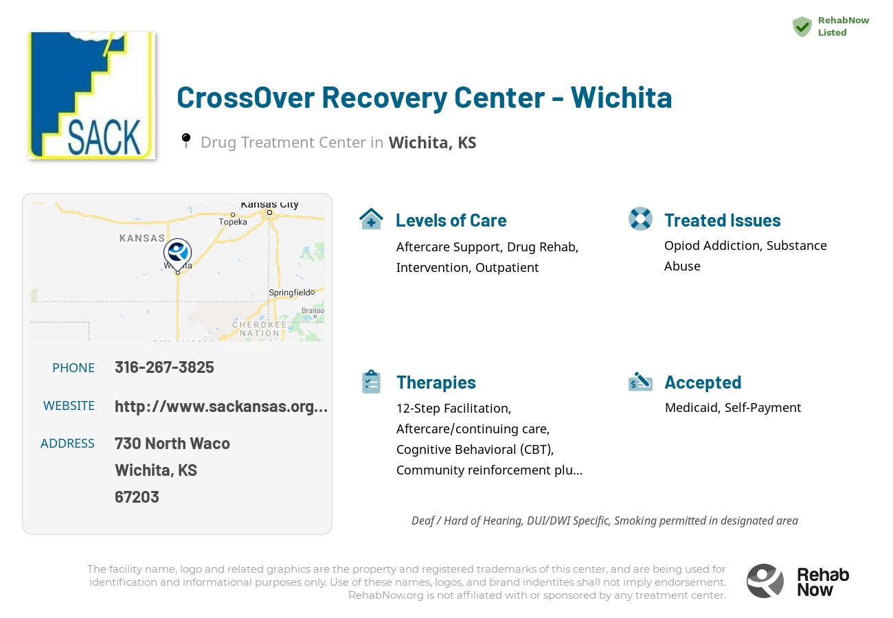 Helpful reference information for CrossOver Recovery Center - Wichita, a drug treatment center in Kansas located at: 730 North Waco, Wichita, KS 67203, including phone numbers, official website, and more. Listed briefly is an overview of Levels of Care, Therapies Offered, Issues Treated, and accepted forms of Payment Methods.