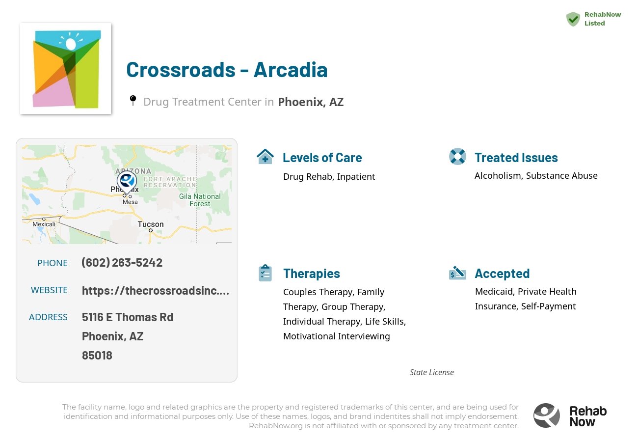 Helpful reference information for Crossroads - Arcadia, a drug treatment center in Arizona located at: 5116 E Thomas Rd, Phoenix, AZ, 85018, including phone numbers, official website, and more. Listed briefly is an overview of Levels of Care, Therapies Offered, Issues Treated, and accepted forms of Payment Methods.