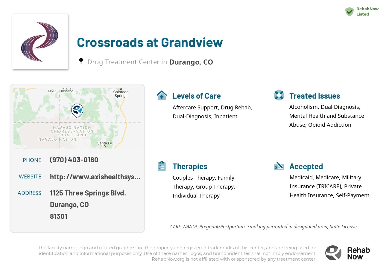 Helpful reference information for Crossroads at Grandview, a drug treatment center in Colorado located at: 1125 Three Springs Blvd., Durango, CO, 81301, including phone numbers, official website, and more. Listed briefly is an overview of Levels of Care, Therapies Offered, Issues Treated, and accepted forms of Payment Methods.