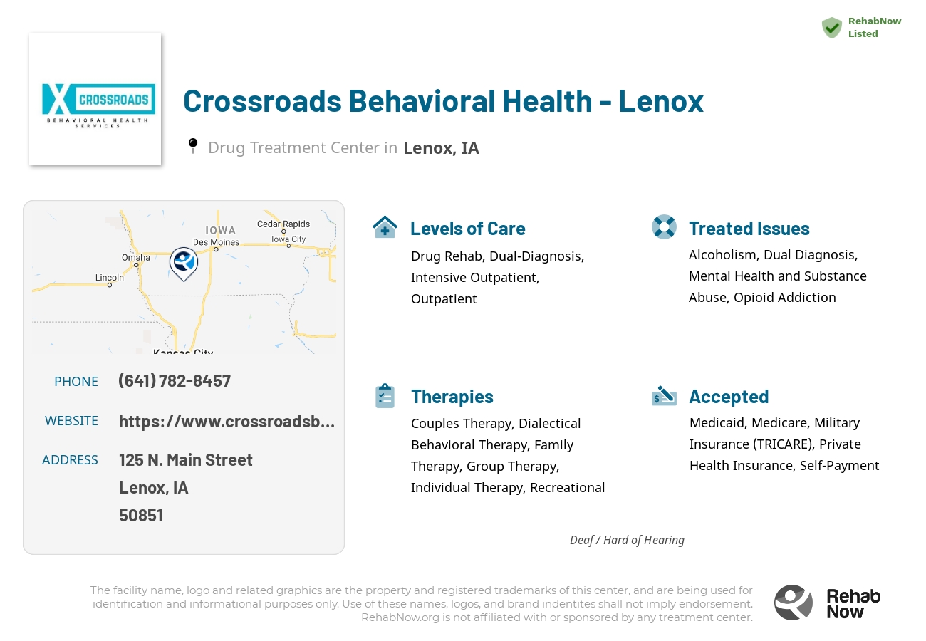 Helpful reference information for Crossroads Behavioral Health - Lenox, a drug treatment center in Iowa located at: 125 N. Main Street, Lenox, IA, 50851, including phone numbers, official website, and more. Listed briefly is an overview of Levels of Care, Therapies Offered, Issues Treated, and accepted forms of Payment Methods.