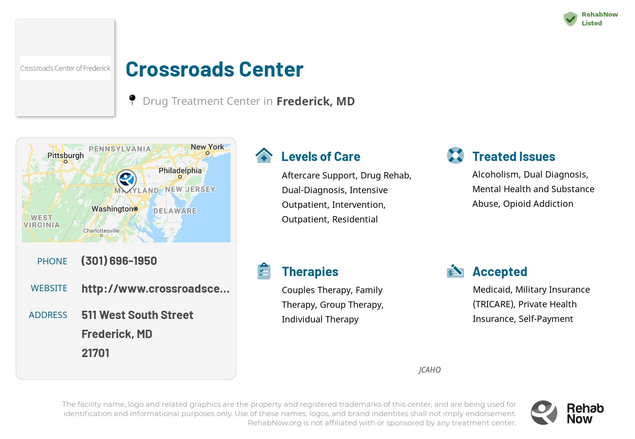 Helpful reference information for Crossroads Center, a drug treatment center in Maryland located at: 511 West South Street, Frederick, MD, 21701, including phone numbers, official website, and more. Listed briefly is an overview of Levels of Care, Therapies Offered, Issues Treated, and accepted forms of Payment Methods.