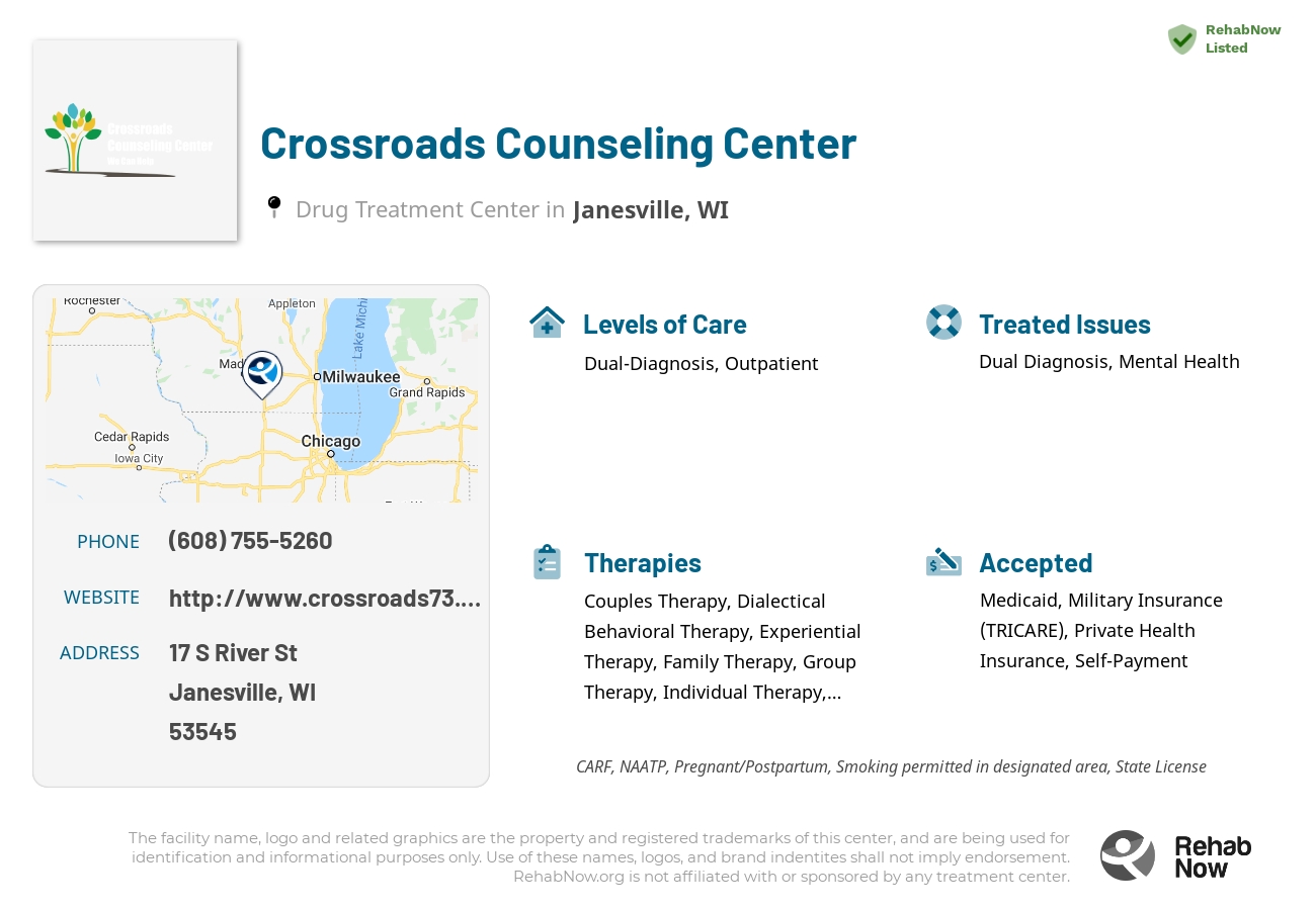 Helpful reference information for Crossroads Counseling Center, a drug treatment center in Wisconsin located at: 17 S River St, Janesville, WI 53545, including phone numbers, official website, and more. Listed briefly is an overview of Levels of Care, Therapies Offered, Issues Treated, and accepted forms of Payment Methods.