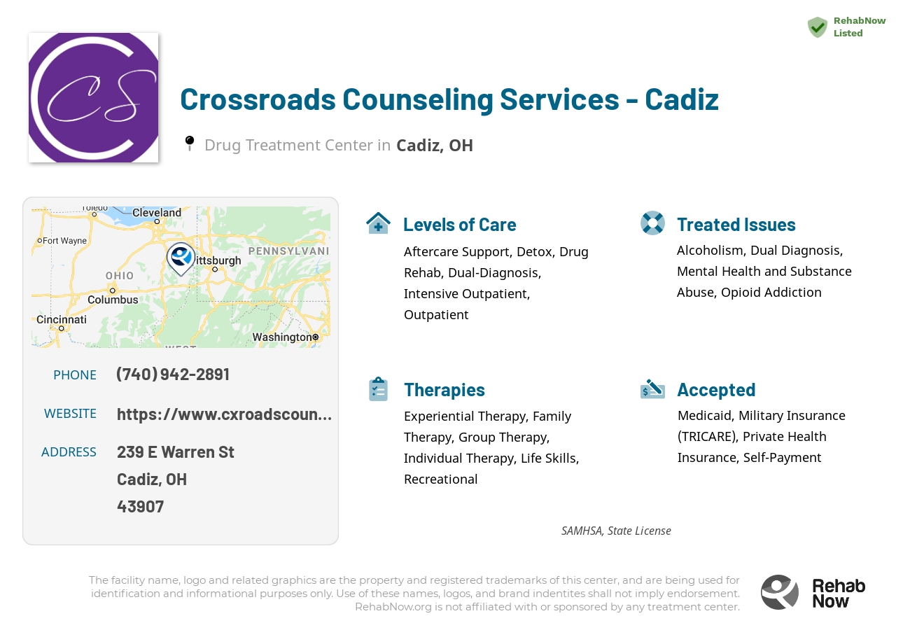 Helpful reference information for Crossroads Counseling Services - Cadiz, a drug treatment center in Ohio located at: 239 E Warren St, Cadiz, OH 43907, including phone numbers, official website, and more. Listed briefly is an overview of Levels of Care, Therapies Offered, Issues Treated, and accepted forms of Payment Methods.