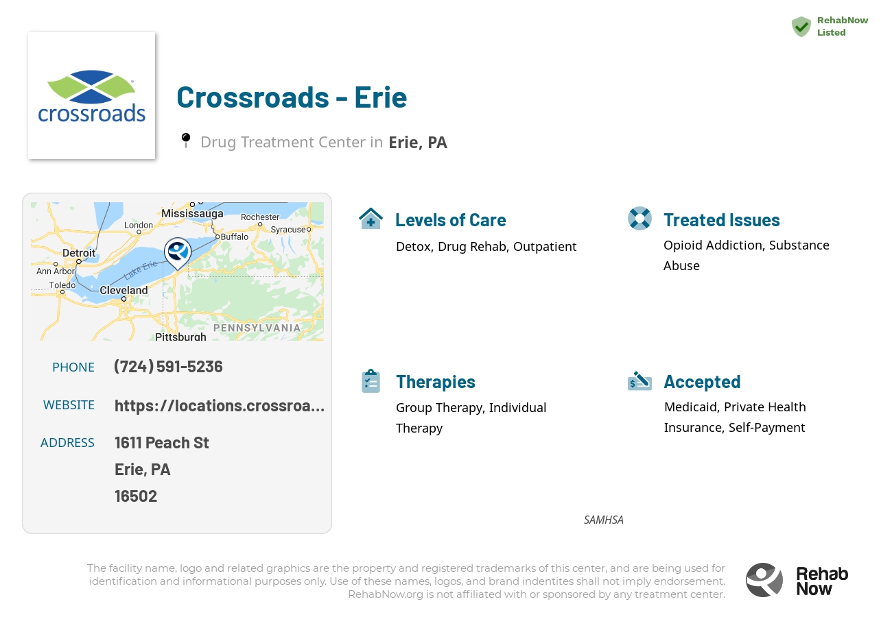 Helpful reference information for Crossroads - Erie, a drug treatment center in Pennsylvania located at: 1611 Peach St, Erie, PA 16502, including phone numbers, official website, and more. Listed briefly is an overview of Levels of Care, Therapies Offered, Issues Treated, and accepted forms of Payment Methods.