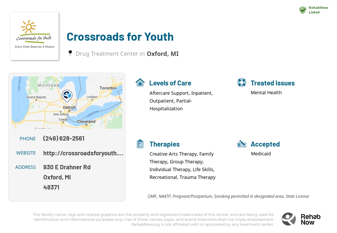 Helpful reference information for Crossroads for Youth, a drug treatment center in Michigan located at: 930 E Drahner Rd, Oxford, MI 48371, including phone numbers, official website, and more. Listed briefly is an overview of Levels of Care, Therapies Offered, Issues Treated, and accepted forms of Payment Methods.