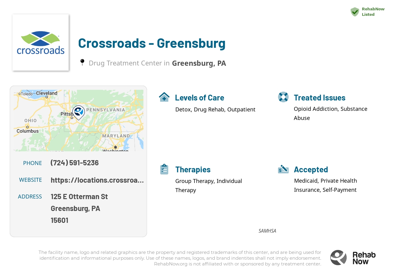 Helpful reference information for Crossroads - Greensburg, a drug treatment center in Pennsylvania located at: 125 E Otterman St, Greensburg, PA 15601, including phone numbers, official website, and more. Listed briefly is an overview of Levels of Care, Therapies Offered, Issues Treated, and accepted forms of Payment Methods.