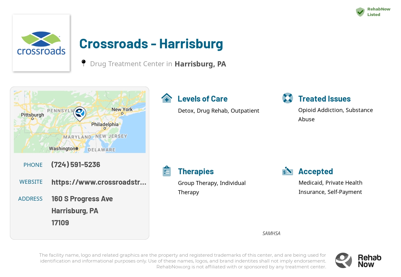 Helpful reference information for Crossroads - Harrisburg, a drug treatment center in Pennsylvania located at: 160 S Progress Ave, Harrisburg, PA 17109, including phone numbers, official website, and more. Listed briefly is an overview of Levels of Care, Therapies Offered, Issues Treated, and accepted forms of Payment Methods.