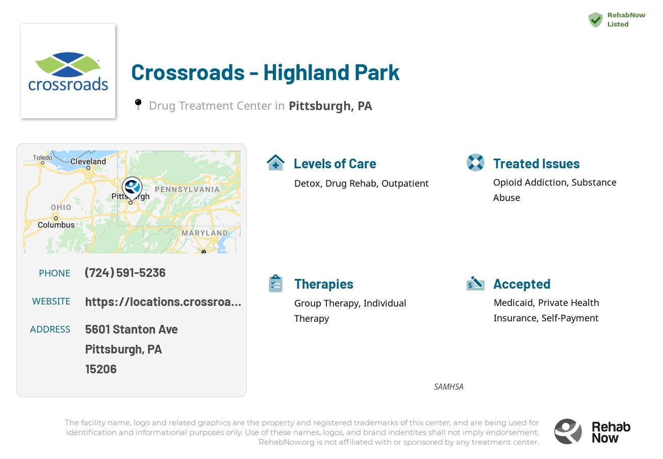 Helpful reference information for Crossroads - Highland Park, a drug treatment center in Pennsylvania located at: 5601 Stanton Ave, Pittsburgh, PA 15206, including phone numbers, official website, and more. Listed briefly is an overview of Levels of Care, Therapies Offered, Issues Treated, and accepted forms of Payment Methods.