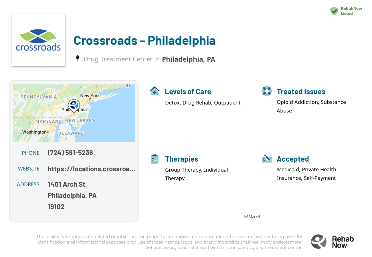 Helpful reference information for Crossroads - Philadelphia, a drug treatment center in Pennsylvania located at: 1401 Arch St, Philadelphia, PA 19102, including phone numbers, official website, and more. Listed briefly is an overview of Levels of Care, Therapies Offered, Issues Treated, and accepted forms of Payment Methods.