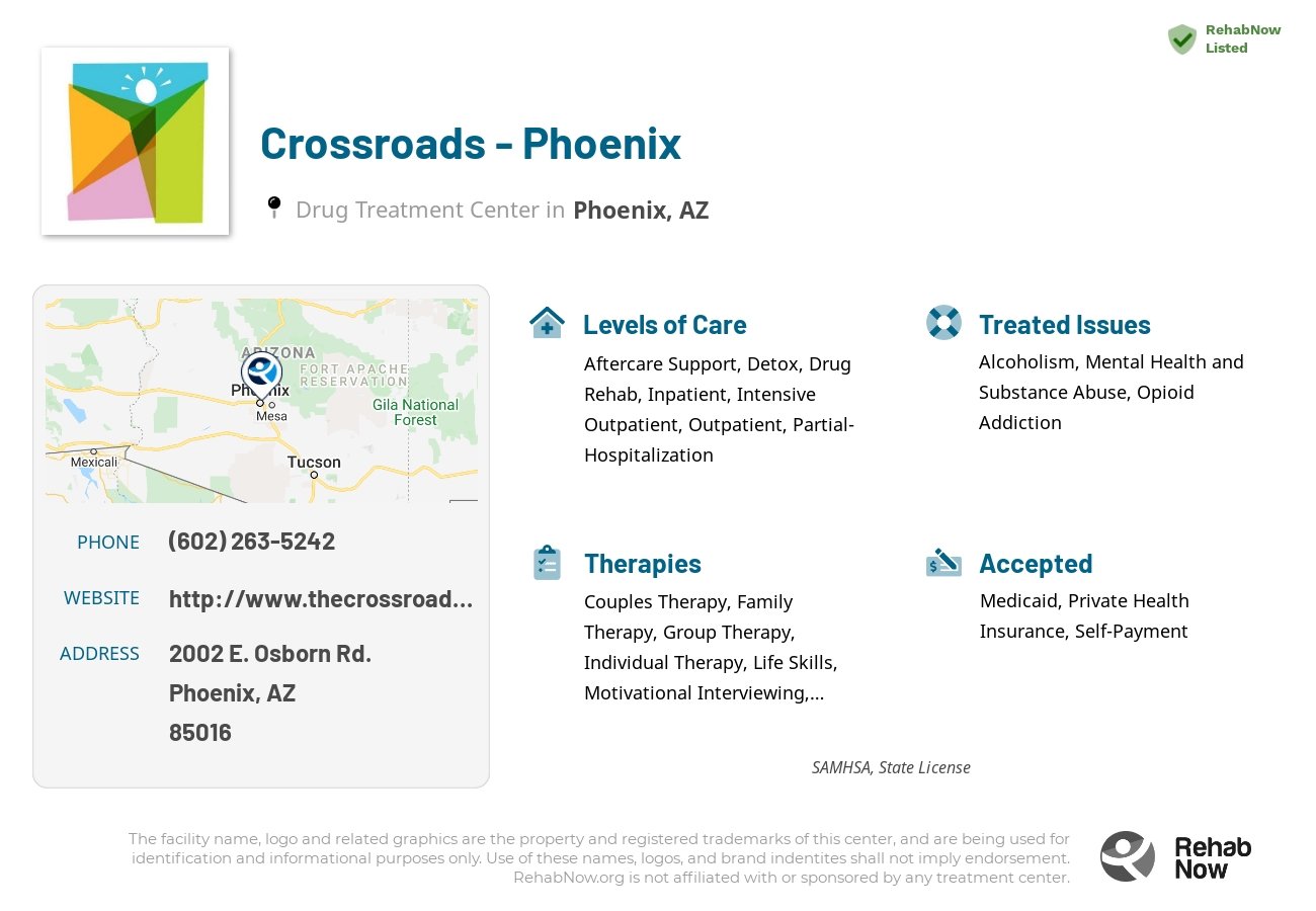 Helpful reference information for Crossroads - Phoenix, a drug treatment center in Arizona located at: 2002 E. Osborn Rd., Phoenix, AZ, 85016, including phone numbers, official website, and more. Listed briefly is an overview of Levels of Care, Therapies Offered, Issues Treated, and accepted forms of Payment Methods.