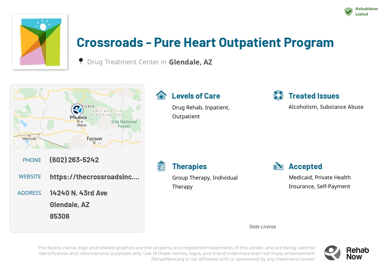 Helpful reference information for Crossroads - Pure Heart Outpatient Program, a drug treatment center in Arizona located at: 14240 N. 43rd Ave, Glendale, AZ, 85306, including phone numbers, official website, and more. Listed briefly is an overview of Levels of Care, Therapies Offered, Issues Treated, and accepted forms of Payment Methods.
