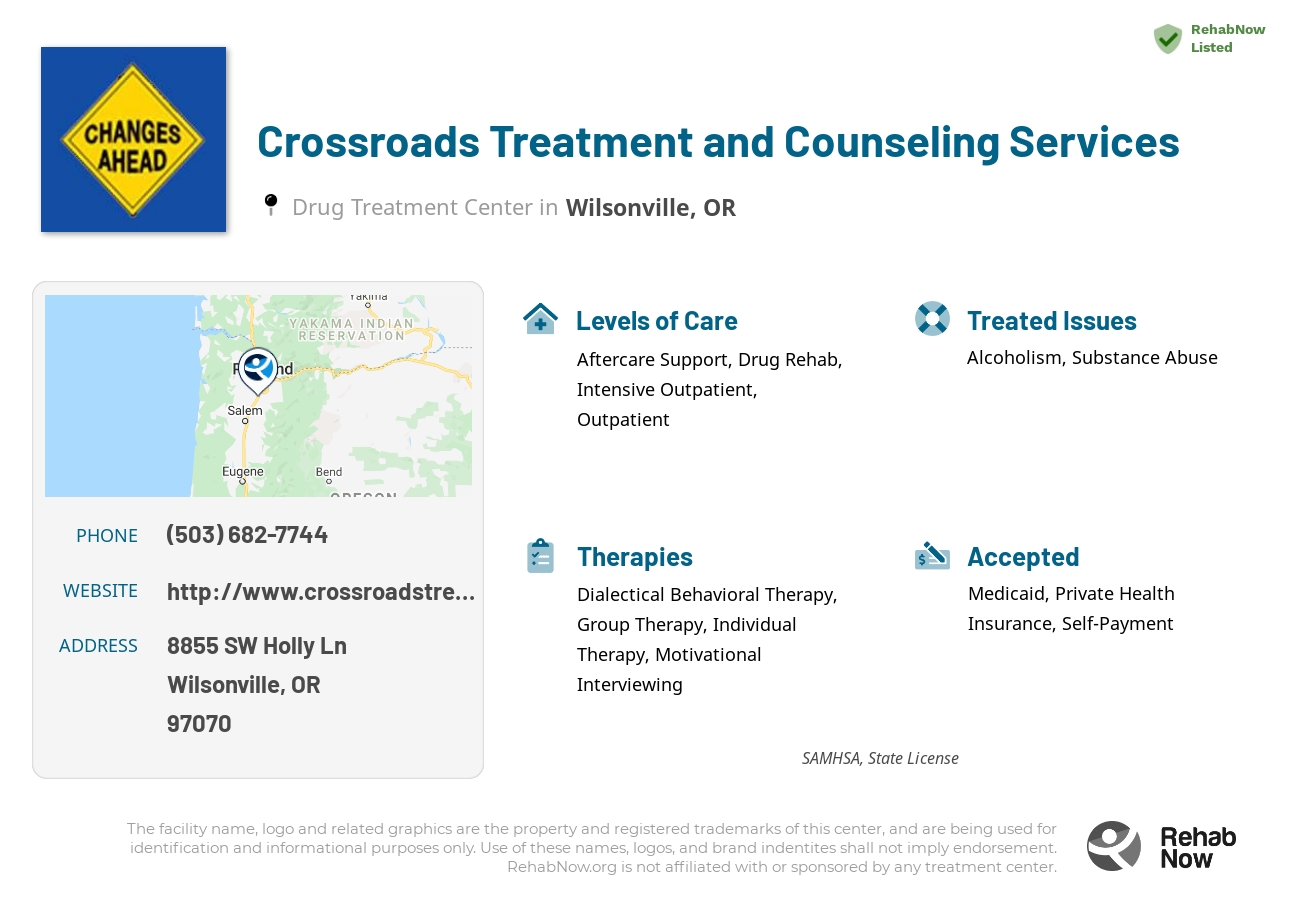 Helpful reference information for Crossroads Treatment and Counseling Services, a drug treatment center in Oregon located at: 8855 SW Holly Ln, Wilsonville, OR 97070, including phone numbers, official website, and more. Listed briefly is an overview of Levels of Care, Therapies Offered, Issues Treated, and accepted forms of Payment Methods.