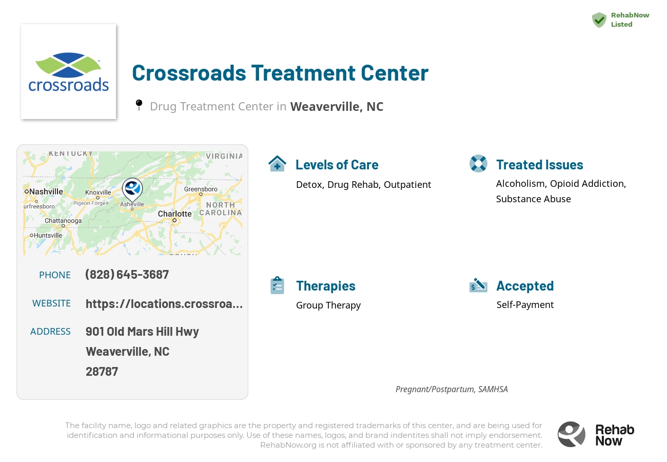 Helpful reference information for Crossroads Treatment Center, a drug treatment center in North Carolina located at: 901 Old Mars Hill Hwy, Weaverville, NC 28787, including phone numbers, official website, and more. Listed briefly is an overview of Levels of Care, Therapies Offered, Issues Treated, and accepted forms of Payment Methods.