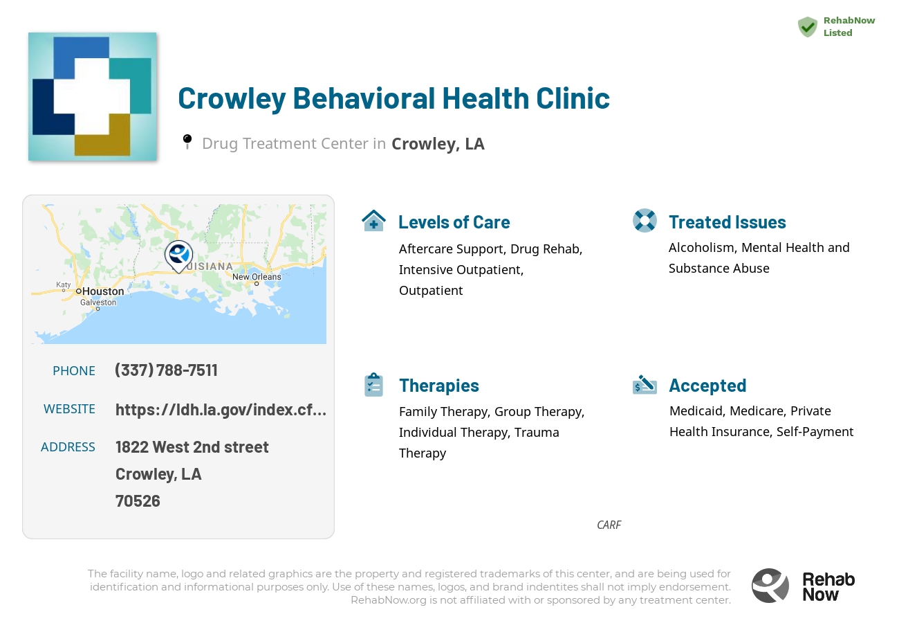 Helpful reference information for Crowley Behavioral Health Clinic, a drug treatment center in Louisiana located at: 1822 West 2nd street, Crowley, LA, 70526, including phone numbers, official website, and more. Listed briefly is an overview of Levels of Care, Therapies Offered, Issues Treated, and accepted forms of Payment Methods.