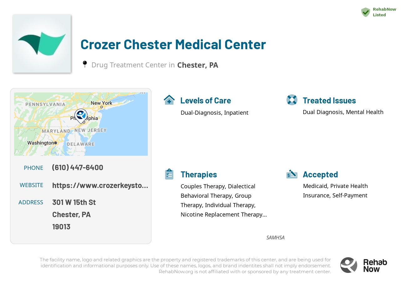 Helpful reference information for Crozer Chester Medical Center, a drug treatment center in Pennsylvania located at: 301 W 15th St, Chester, PA 19013, including phone numbers, official website, and more. Listed briefly is an overview of Levels of Care, Therapies Offered, Issues Treated, and accepted forms of Payment Methods.