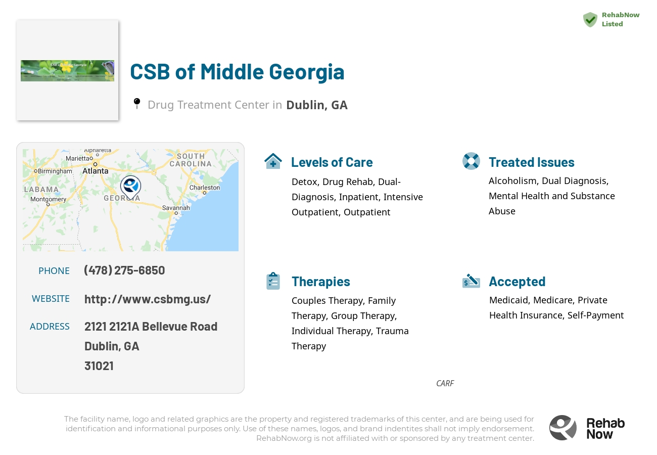 Helpful reference information for CSB of Middle Georgia, a drug treatment center in Georgia located at: 2121 2121A Bellevue Road, Dublin, GA 31021, including phone numbers, official website, and more. Listed briefly is an overview of Levels of Care, Therapies Offered, Issues Treated, and accepted forms of Payment Methods.