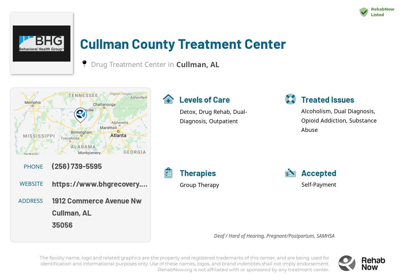 Helpful reference information for Cullman County Treatment Center, a drug treatment center in Alabama located at: 1912 Commerce Avenue Nw, Cullman, AL, 35056, including phone numbers, official website, and more. Listed briefly is an overview of Levels of Care, Therapies Offered, Issues Treated, and accepted forms of Payment Methods.