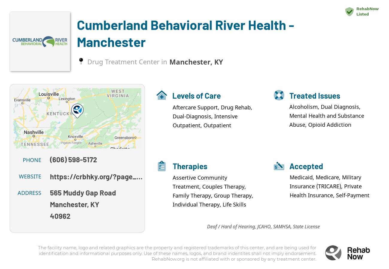 Helpful reference information for Cumberland Behavioral River Health - Manchester, a drug treatment center in Kentucky located at: 565 Muddy Gap Road, Manchester, KY, 40962, including phone numbers, official website, and more. Listed briefly is an overview of Levels of Care, Therapies Offered, Issues Treated, and accepted forms of Payment Methods.