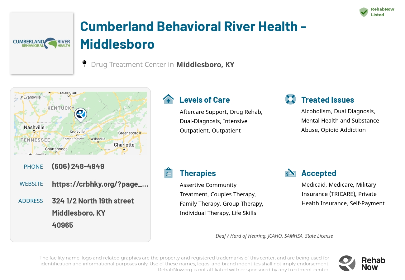 Helpful reference information for Cumberland Behavioral River Health - Middlesboro, a drug treatment center in Kentucky located at: 324 1/2 North 19th street, Middlesboro, KY, 40965, including phone numbers, official website, and more. Listed briefly is an overview of Levels of Care, Therapies Offered, Issues Treated, and accepted forms of Payment Methods.
