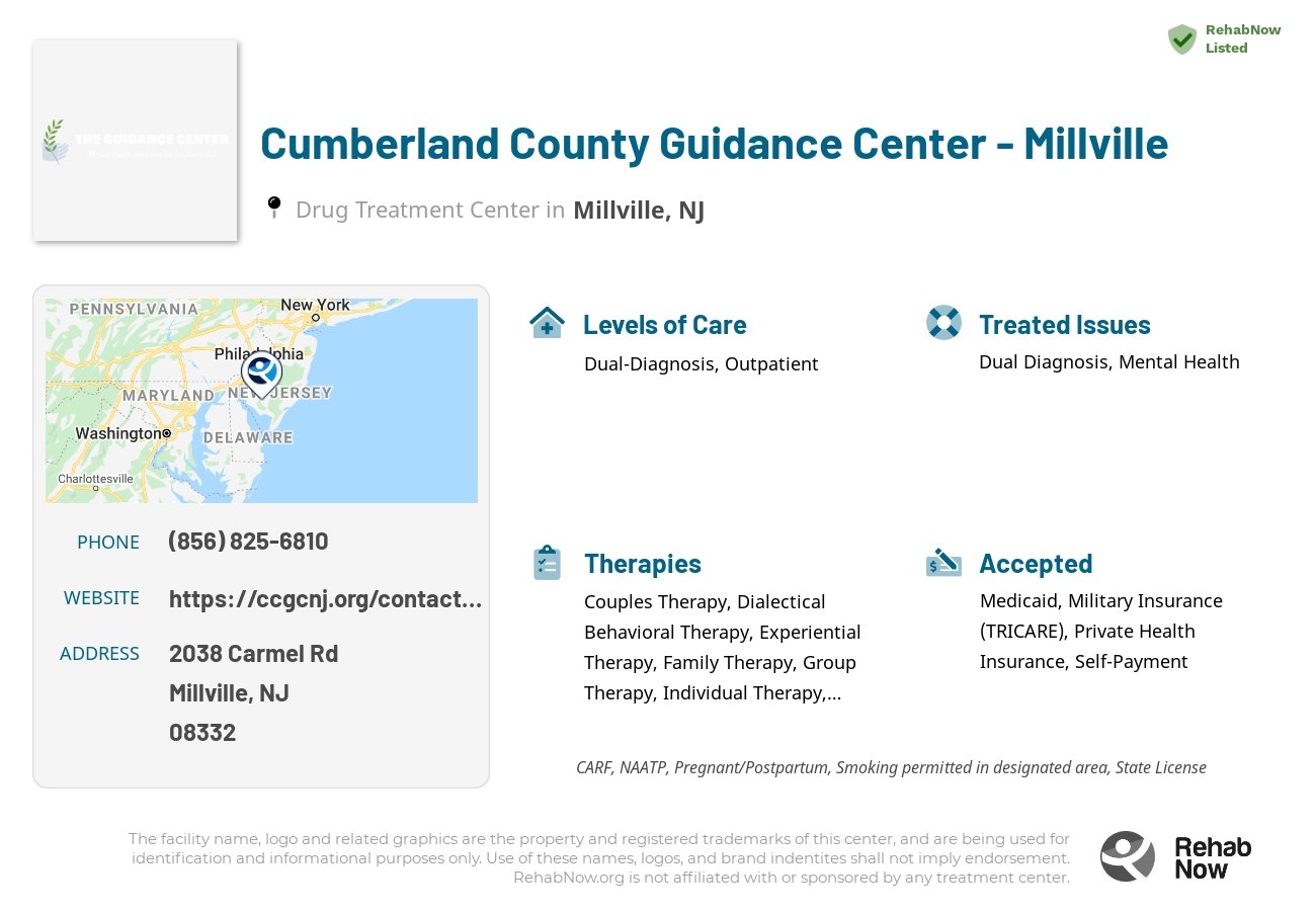 Helpful reference information for Cumberland County Guidance Center - Millville, a drug treatment center in New Jersey located at: 2038 Carmel Rd, Millville, NJ 08332, including phone numbers, official website, and more. Listed briefly is an overview of Levels of Care, Therapies Offered, Issues Treated, and accepted forms of Payment Methods.