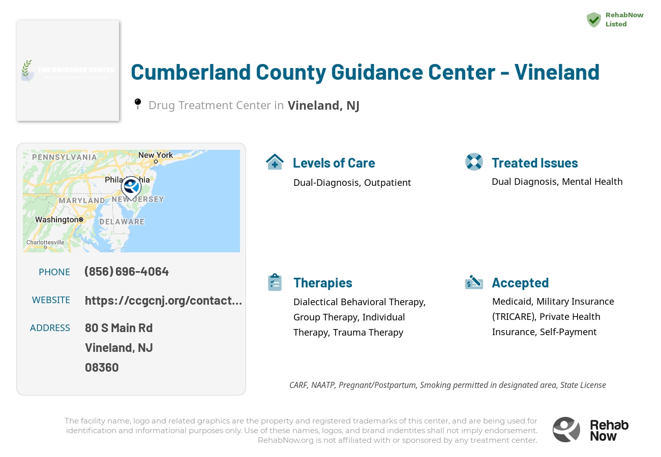 Helpful reference information for Cumberland County Guidance Center - Vineland, a drug treatment center in New Jersey located at: 80 S Main Rd, Vineland, NJ 08360, including phone numbers, official website, and more. Listed briefly is an overview of Levels of Care, Therapies Offered, Issues Treated, and accepted forms of Payment Methods.