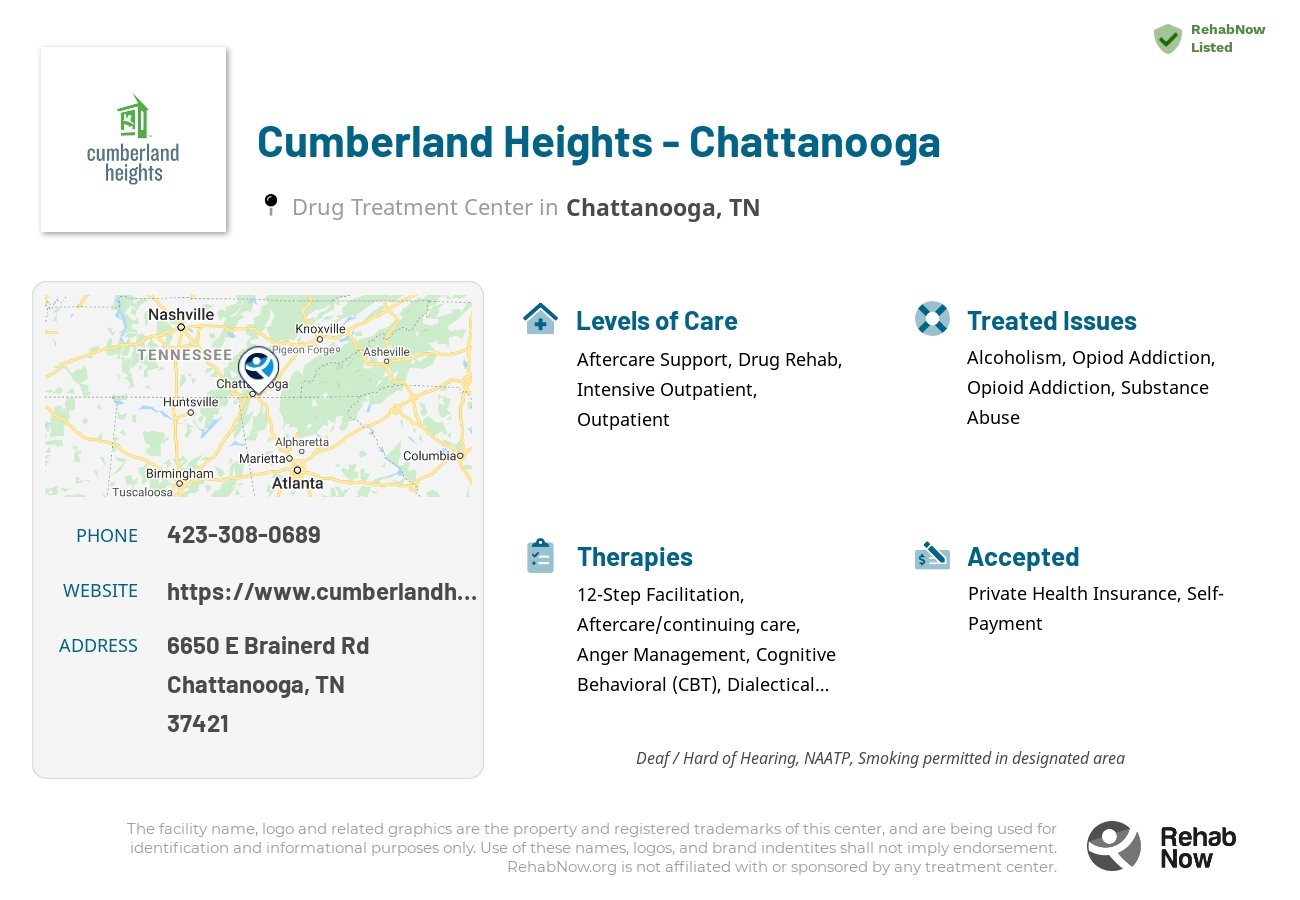 Helpful reference information for Cumberland Heights - Chattanooga, a drug treatment center in Tennessee located at: 6650 E Brainerd Rd, Chattanooga, TN 37421, including phone numbers, official website, and more. Listed briefly is an overview of Levels of Care, Therapies Offered, Issues Treated, and accepted forms of Payment Methods.