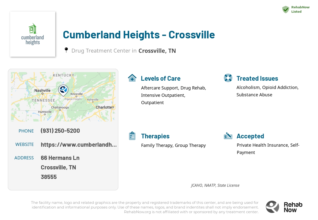 Helpful reference information for Cumberland Heights - Crossville, a drug treatment center in Tennessee located at: 66 Hermans Ln, Crossville, TN 38555, including phone numbers, official website, and more. Listed briefly is an overview of Levels of Care, Therapies Offered, Issues Treated, and accepted forms of Payment Methods.