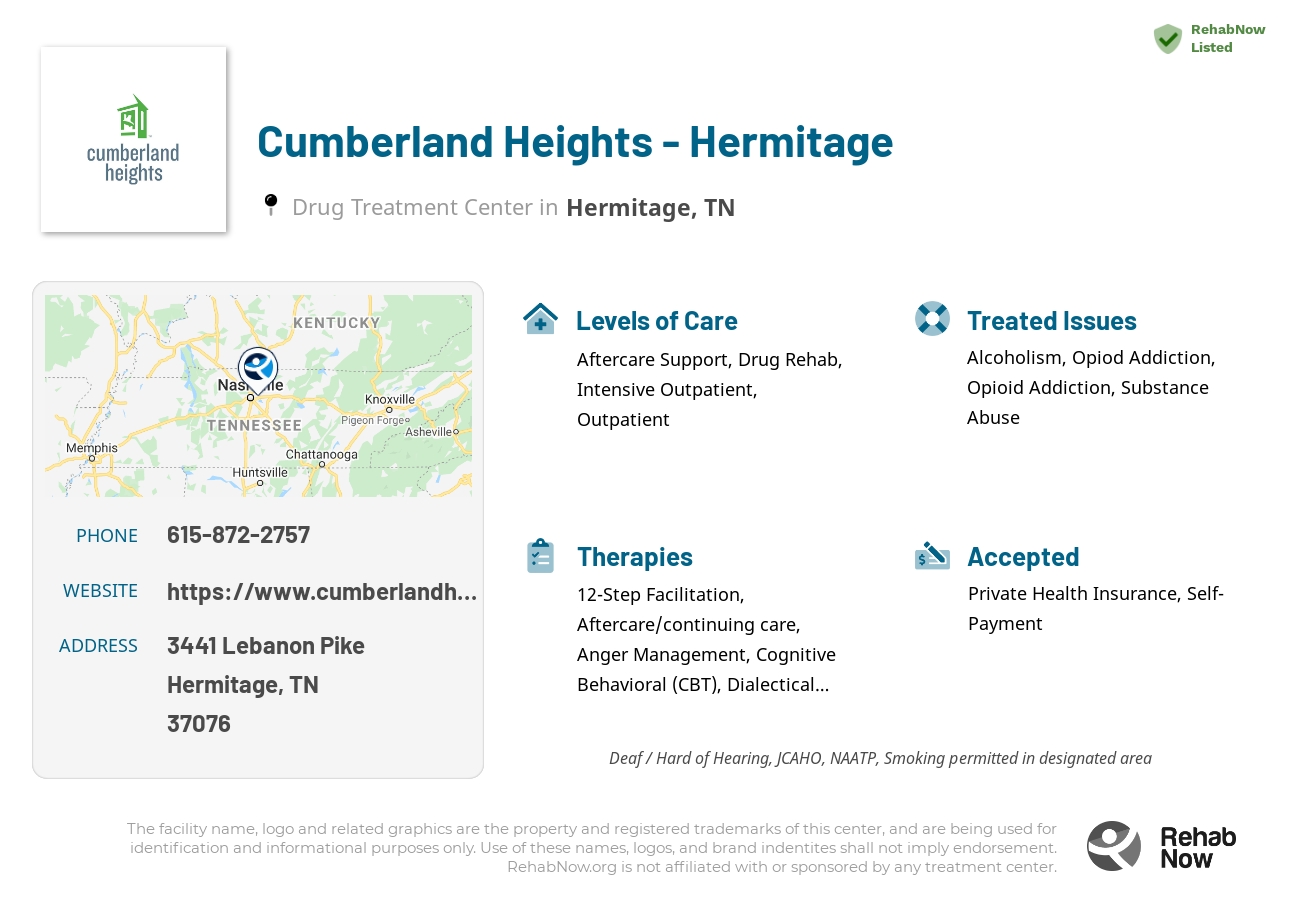 Helpful reference information for Cumberland Heights - Hermitage, a drug treatment center in Tennessee located at: 3441 Lebanon Pike, Hermitage, TN 37076, including phone numbers, official website, and more. Listed briefly is an overview of Levels of Care, Therapies Offered, Issues Treated, and accepted forms of Payment Methods.