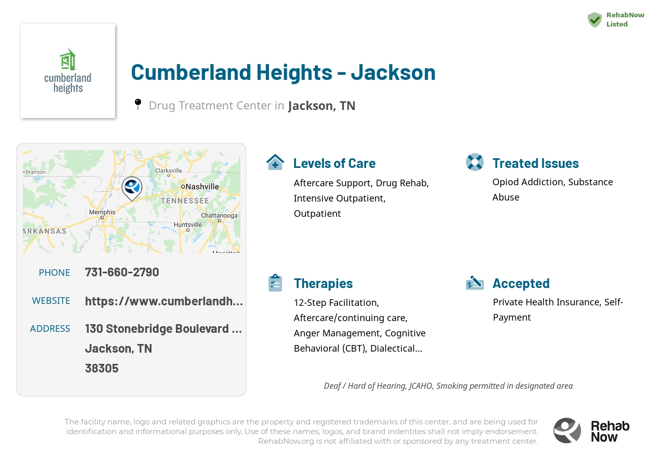 Helpful reference information for Cumberland Heights - Jackson, a drug treatment center in Tennessee located at: 130 Stonebridge Boulevard Suite C, Jackson, TN 38305, including phone numbers, official website, and more. Listed briefly is an overview of Levels of Care, Therapies Offered, Issues Treated, and accepted forms of Payment Methods.
