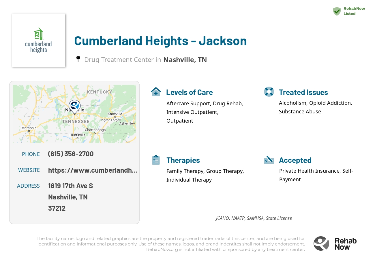 Helpful reference information for Cumberland Heights - Jackson, a drug treatment center in Tennessee located at: 1619 17th Ave S, Nashville, TN 37212, including phone numbers, official website, and more. Listed briefly is an overview of Levels of Care, Therapies Offered, Issues Treated, and accepted forms of Payment Methods.