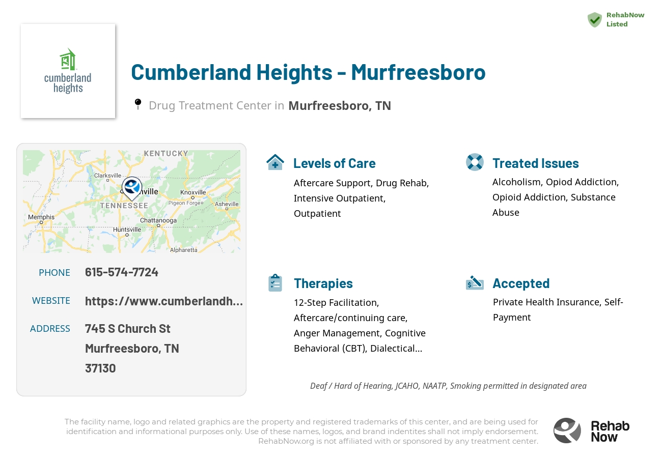 Helpful reference information for Cumberland Heights - Murfreesboro, a drug treatment center in Tennessee located at: 745 S Church St, Murfreesboro, TN 37130, including phone numbers, official website, and more. Listed briefly is an overview of Levels of Care, Therapies Offered, Issues Treated, and accepted forms of Payment Methods.