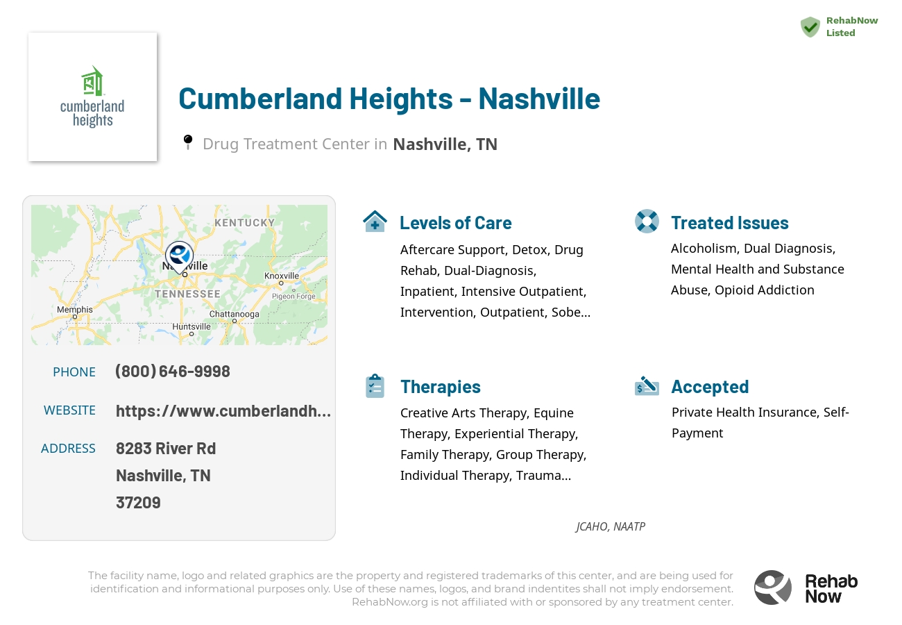 Helpful reference information for Cumberland Heights - Nashville, a drug treatment center in Tennessee located at: 8283 River Rd, Nashville, TN 37209, including phone numbers, official website, and more. Listed briefly is an overview of Levels of Care, Therapies Offered, Issues Treated, and accepted forms of Payment Methods.
