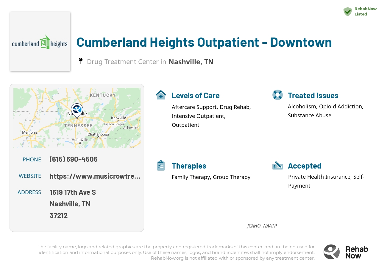 Helpful reference information for Cumberland Heights Outpatient - Downtown, a drug treatment center in Tennessee located at: 1619 17th Ave S, Nashville, TN 37212, including phone numbers, official website, and more. Listed briefly is an overview of Levels of Care, Therapies Offered, Issues Treated, and accepted forms of Payment Methods.