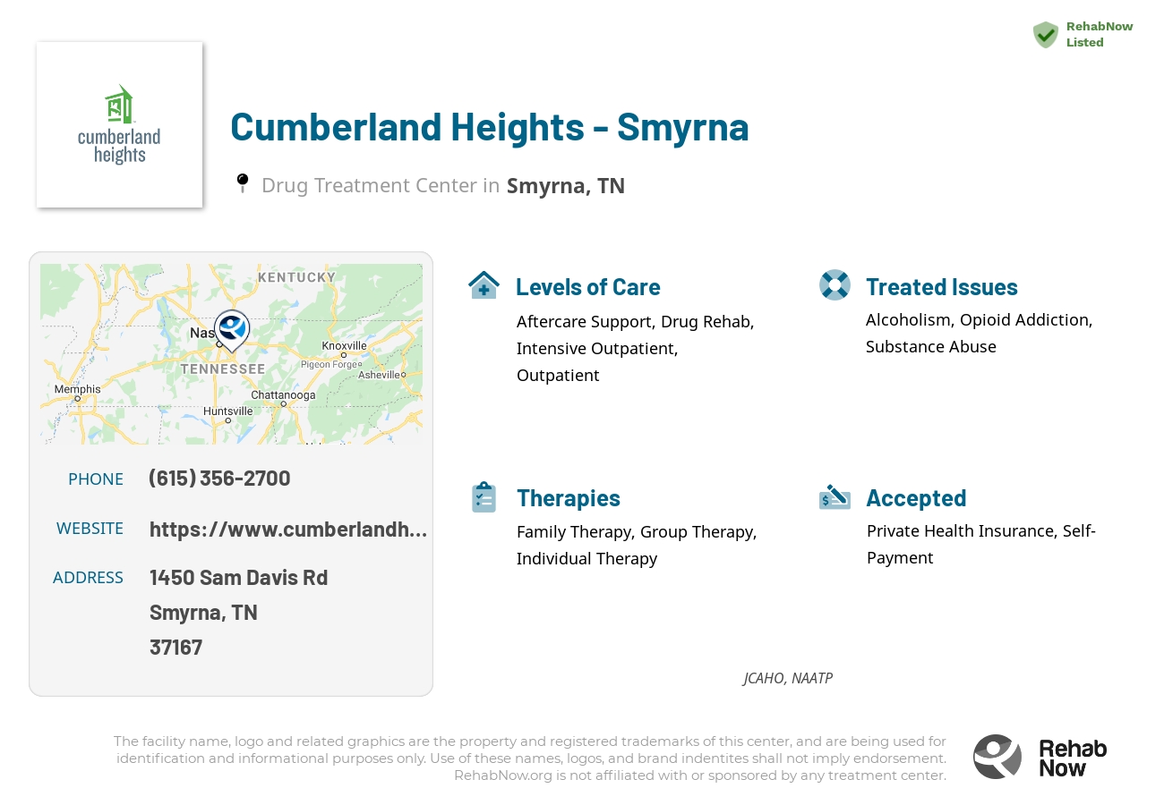 Helpful reference information for Cumberland Heights - Smyrna, a drug treatment center in Tennessee located at: 1450 Sam Davis Rd, Smyrna, TN 37167, including phone numbers, official website, and more. Listed briefly is an overview of Levels of Care, Therapies Offered, Issues Treated, and accepted forms of Payment Methods.