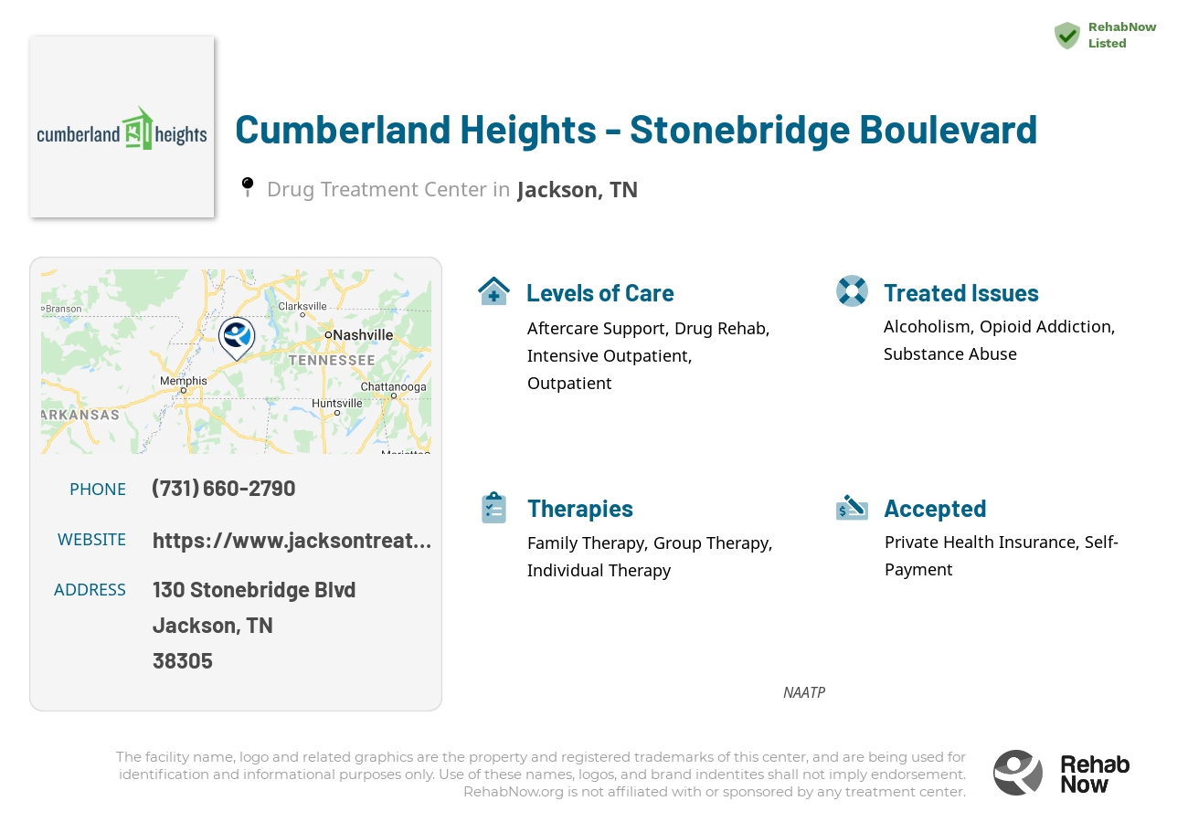 Helpful reference information for Cumberland Heights - Stonebridge Boulevard, a drug treatment center in Tennessee located at: 130 Stonebridge Blvd, Jackson, TN 38305, including phone numbers, official website, and more. Listed briefly is an overview of Levels of Care, Therapies Offered, Issues Treated, and accepted forms of Payment Methods.
