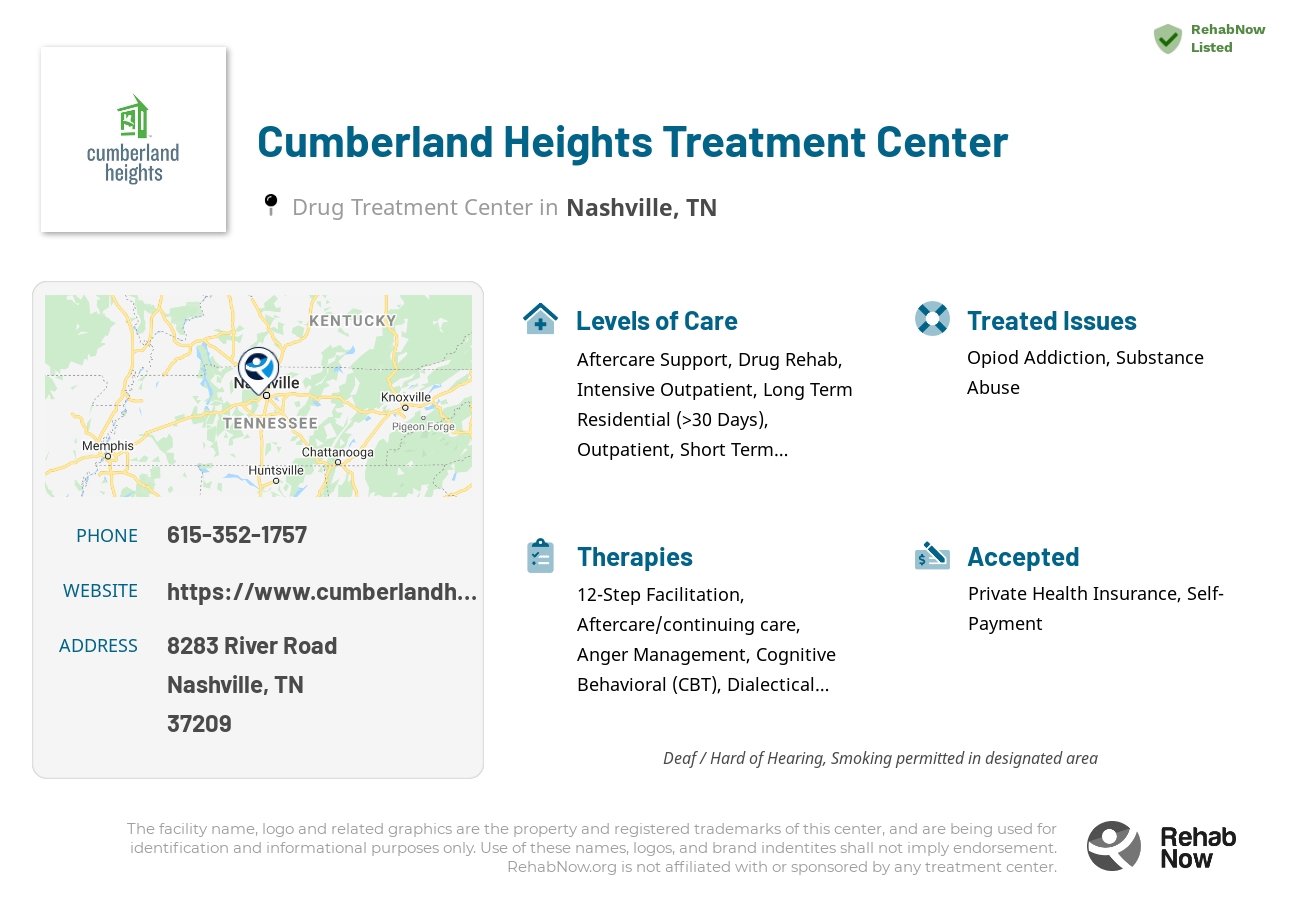 Helpful reference information for Cumberland Heights Treatment Center, a drug treatment center in Tennessee located at: 8283 River Road, Nashville, TN 37209, including phone numbers, official website, and more. Listed briefly is an overview of Levels of Care, Therapies Offered, Issues Treated, and accepted forms of Payment Methods.