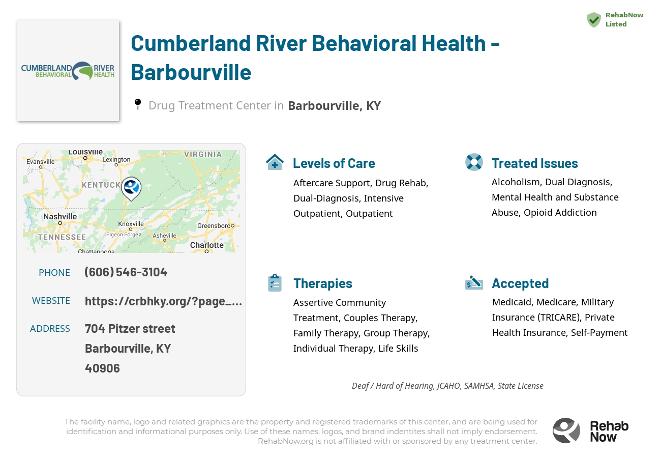 Helpful reference information for Cumberland River Behavioral Health - Barbourville, a drug treatment center in Kentucky located at: 704 Pitzer street, Barbourville, KY, 40906, including phone numbers, official website, and more. Listed briefly is an overview of Levels of Care, Therapies Offered, Issues Treated, and accepted forms of Payment Methods.
