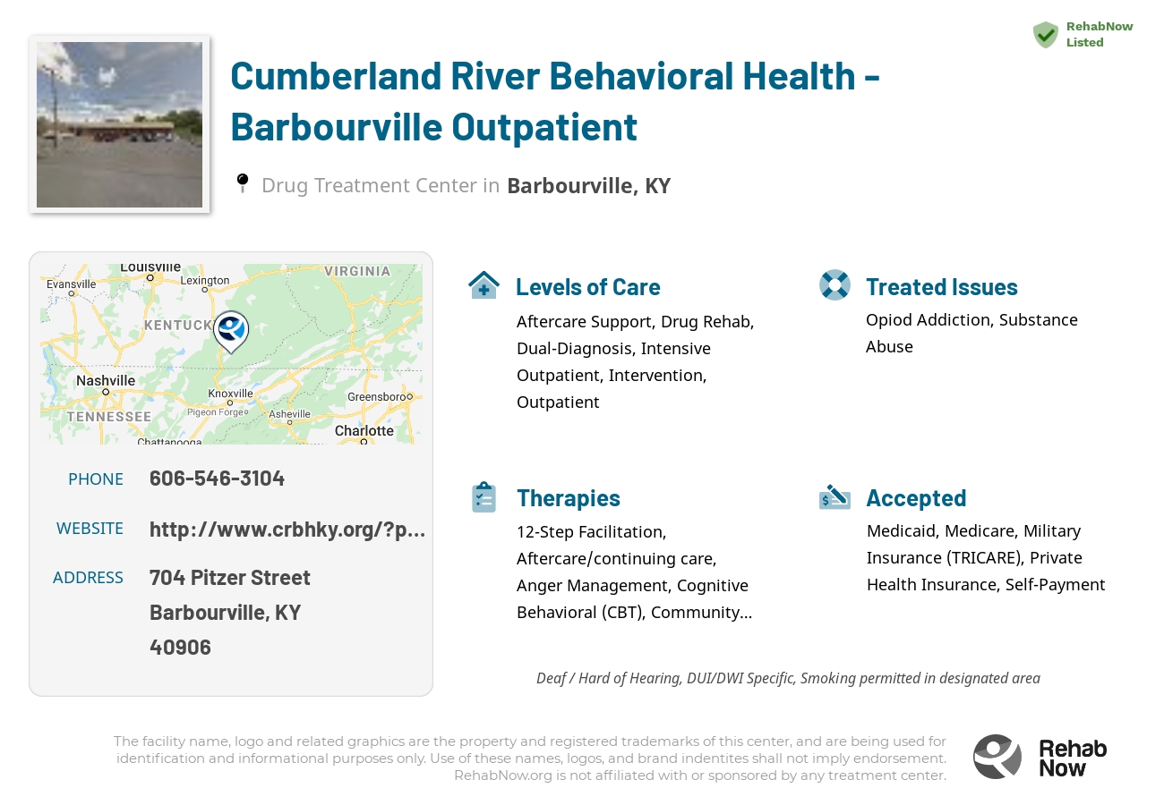 Helpful reference information for Cumberland River Behavioral Health - Barbourville Outpatient, a drug treatment center in Kentucky located at: 704 Pitzer Street, Barbourville, KY 40906, including phone numbers, official website, and more. Listed briefly is an overview of Levels of Care, Therapies Offered, Issues Treated, and accepted forms of Payment Methods.