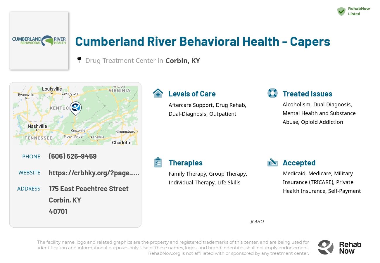 Helpful reference information for Cumberland River Behavioral Health - Capers, a drug treatment center in Kentucky located at: 175 East Peachtree Street, Corbin, KY, 40701, including phone numbers, official website, and more. Listed briefly is an overview of Levels of Care, Therapies Offered, Issues Treated, and accepted forms of Payment Methods.