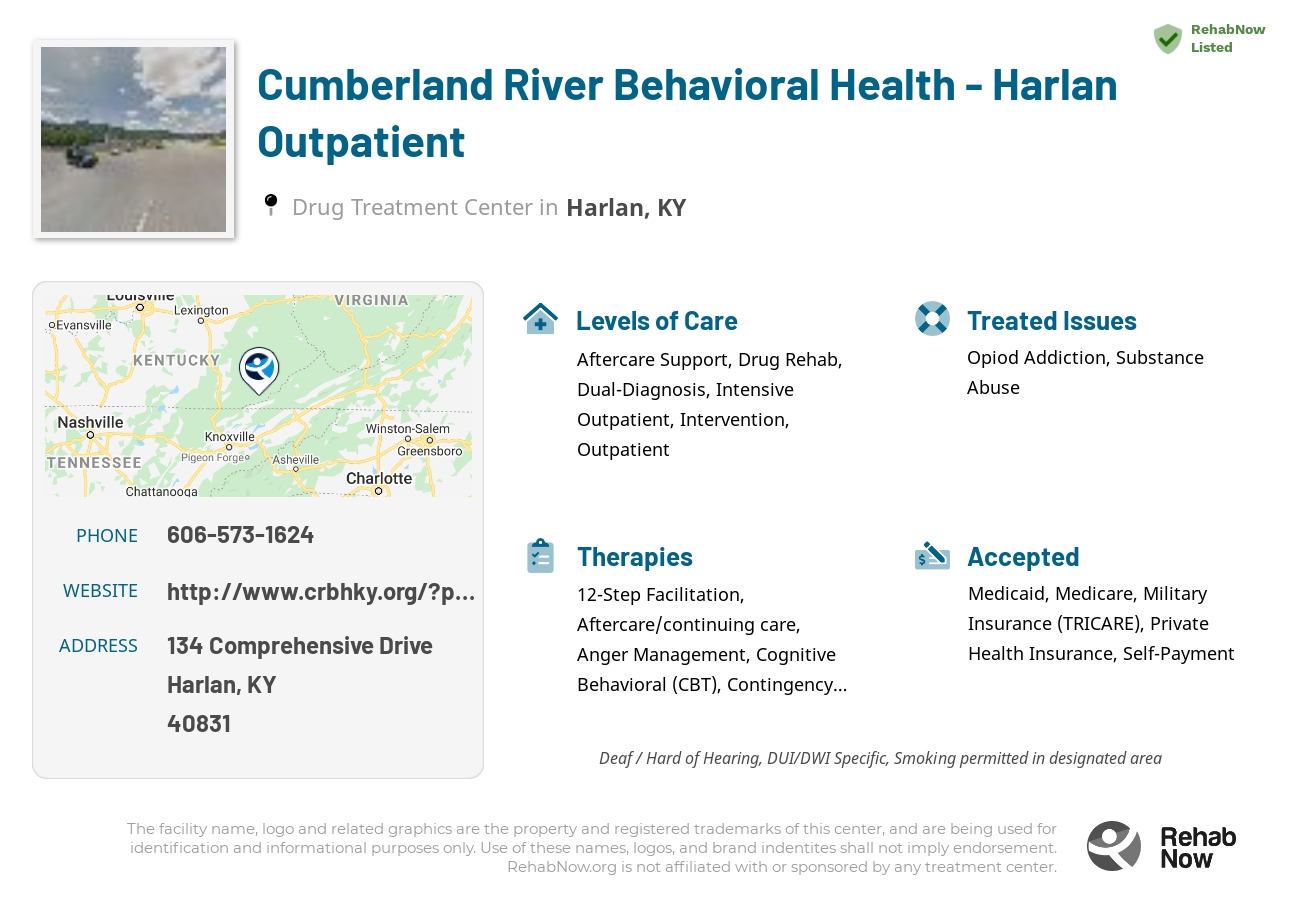 Helpful reference information for Cumberland River Behavioral Health - Harlan Outpatient, a drug treatment center in Kentucky located at: 134 Comprehensive Drive, Harlan, KY 40831, including phone numbers, official website, and more. Listed briefly is an overview of Levels of Care, Therapies Offered, Issues Treated, and accepted forms of Payment Methods.