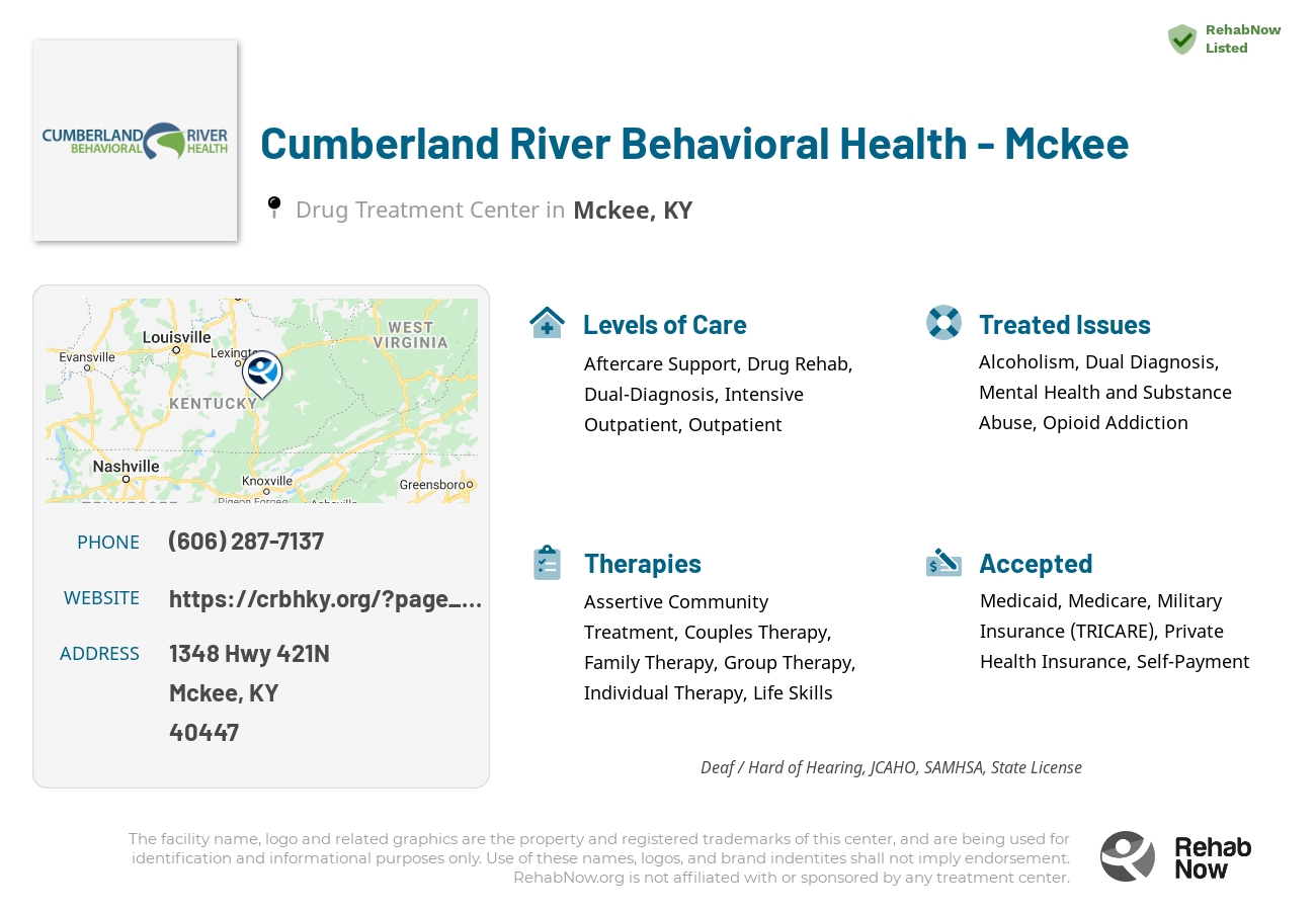 Helpful reference information for Cumberland River Behavioral Health - Mckee, a drug treatment center in Kentucky located at: 1348 Hwy 421N, Mckee, KY, 40447, including phone numbers, official website, and more. Listed briefly is an overview of Levels of Care, Therapies Offered, Issues Treated, and accepted forms of Payment Methods.